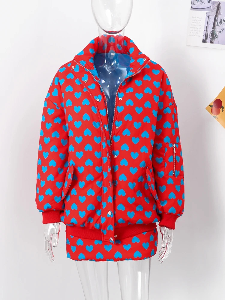 Fashion Love Printed Womens Ski Set Y2K Large Vertical Collar Cotton Thick Zipper Pocket Jacket Mini Ski Set 2-piece Set 241112
