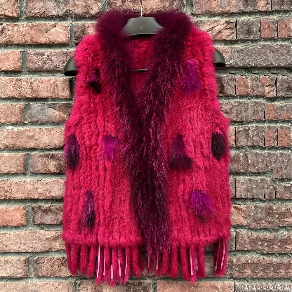 Women Real Fur Vest Tassel Knitted 100Genuine Rabbit Waistcoat Lady Casual Raccoon Collar Sleeveless Coat Factory Sales 241115