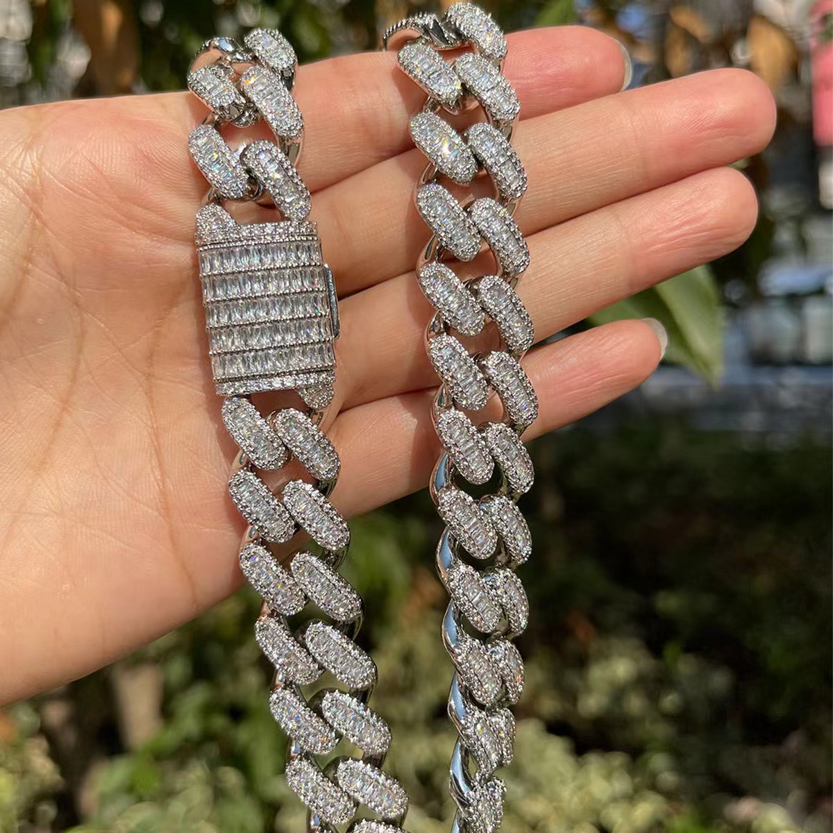 necklace moissanite chain Big Heavy Mens Necklace Sier Vvs Moissanite Baguette Dia Hip Hop Iced Out Cuban k Chain