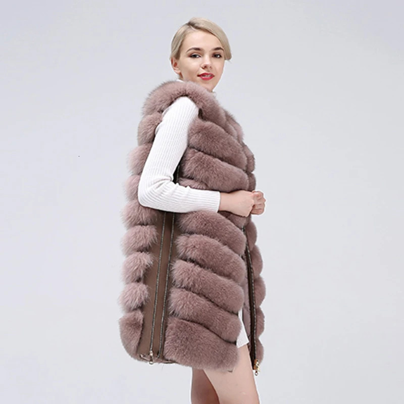 Natural Womens Fur Coat Vest Zipper Long Winter Warm True Jacket 241115