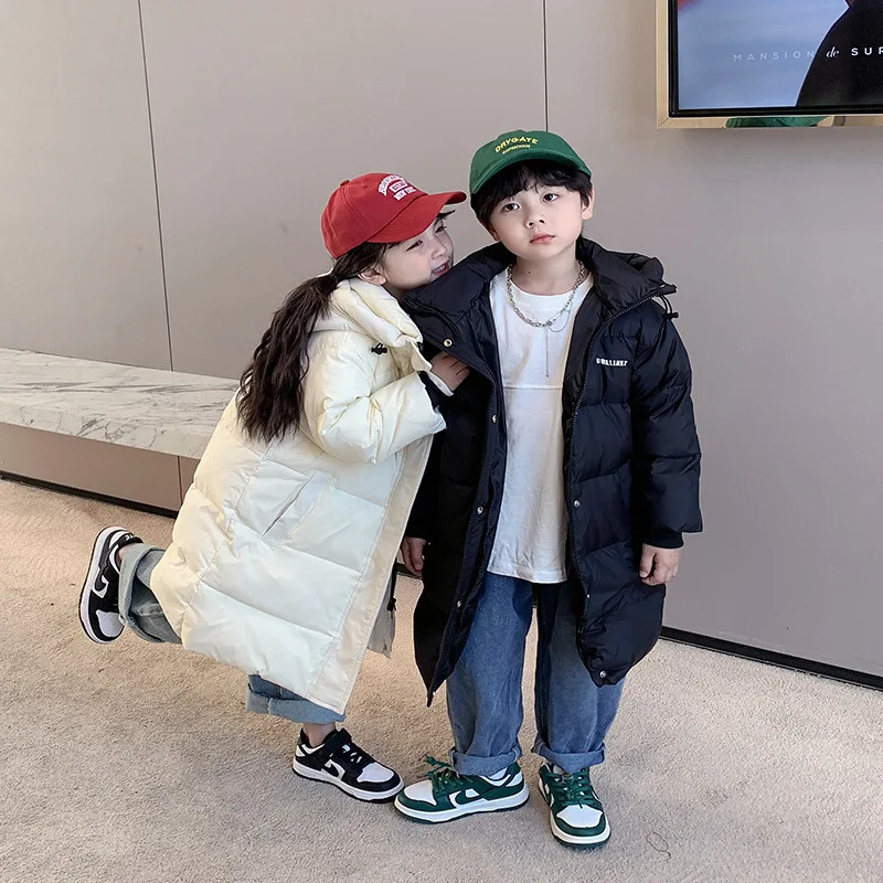 Childrens Long Coat White Duck Down Hooded Jacket Winter Boys Girls Warm Clothes Fashion Long Coat Kids Winter Clothes Jacket 241115