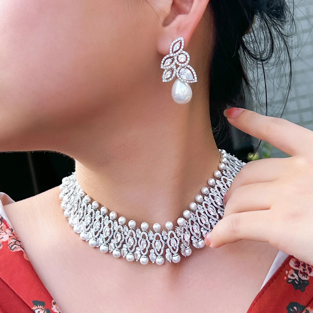 Three layer elegant cubic zirconia simulated pearl necklace and earrings suitable for womens bridal wedding jewelry TZ985 241115