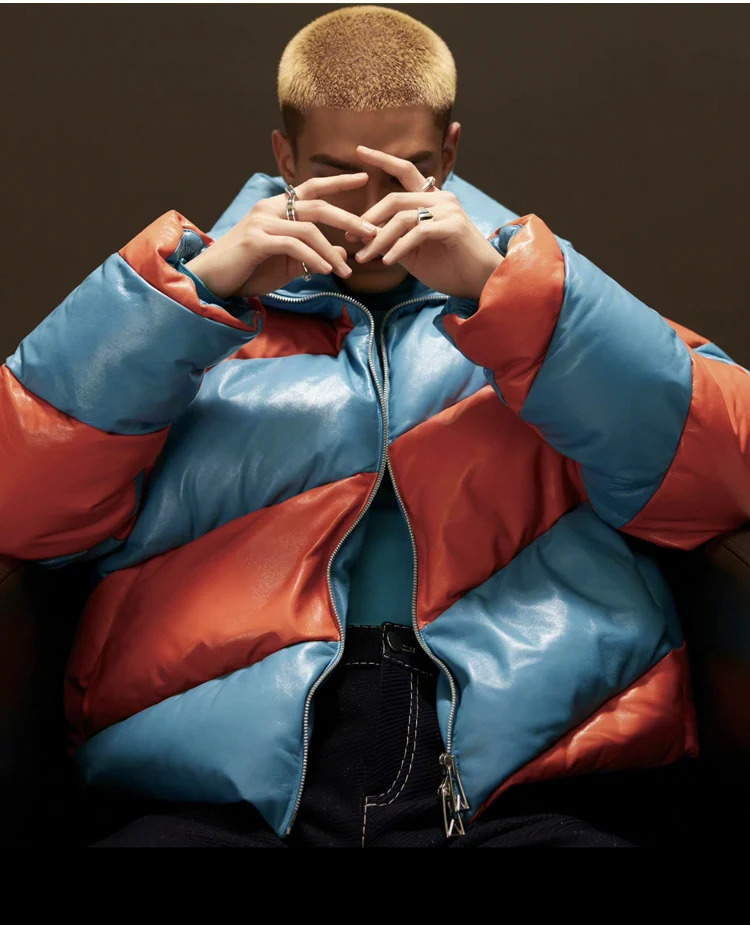 Mens Clothing Top Fashion Spiral Color Matching Leather Warm n Bread Patchwork Winter Casual Jacket ropa hombre 241115