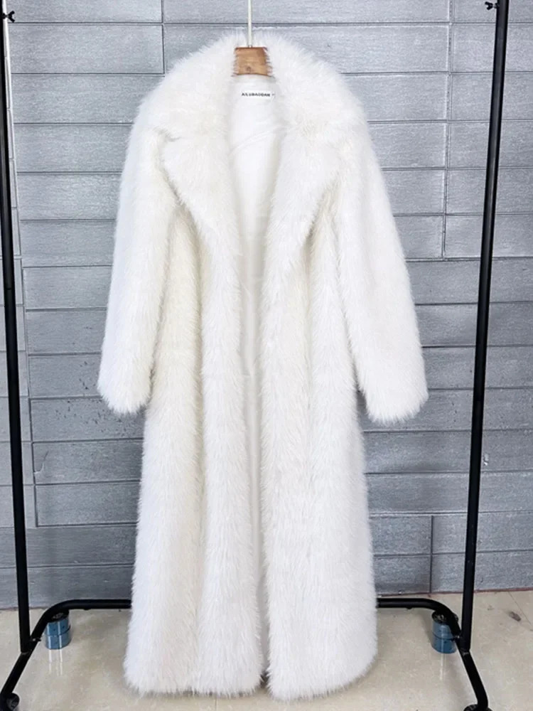 130cm Super Long Fluffy Faux Fur Coat Women Jacket Winter Lapel Thicken White Coats for Outerwears 241115