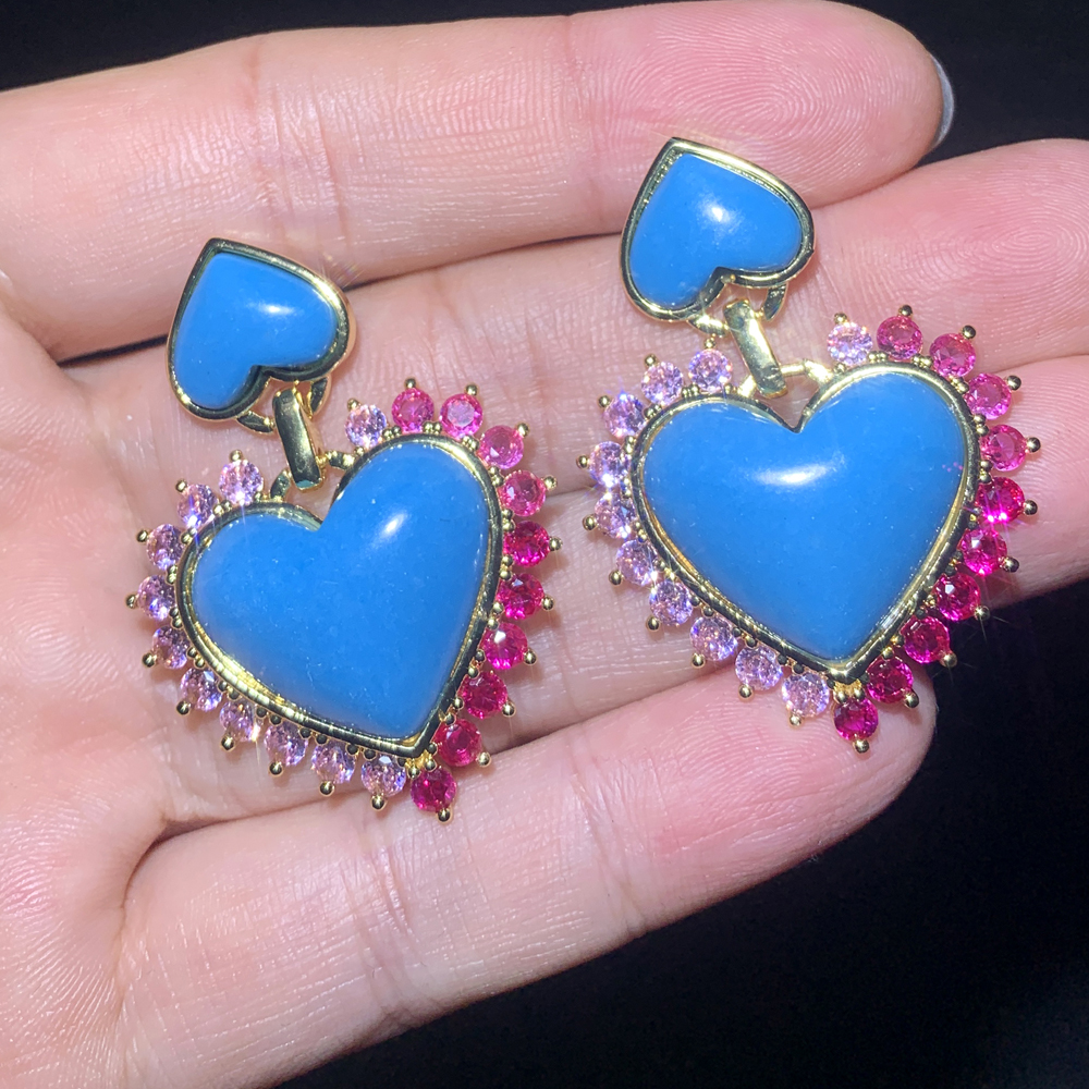 Gold Color Pink Cubic Zirconia Double Turquoises Heart Shaped Stone Big Women Dangle Drop Charm Earring 9f5c