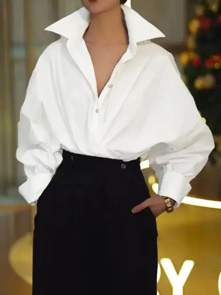 UOOZEE Womens Long Bat Wing Sleeve Solid Color Collar Shirt Spring Autumn Casual Simple Office Shirt Top 241114