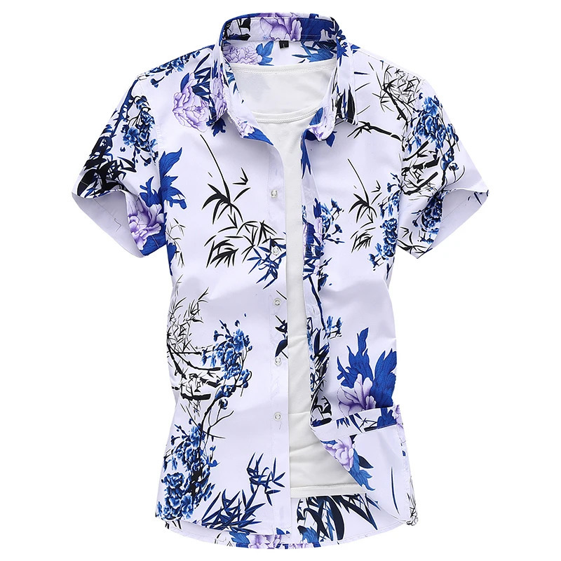 Summer White Printed Short Sleeved Shirt for Men Hawaii Rose Flower Shirts Hawaiian Vacation Camisa Chemise Big Size S7xl 240415
