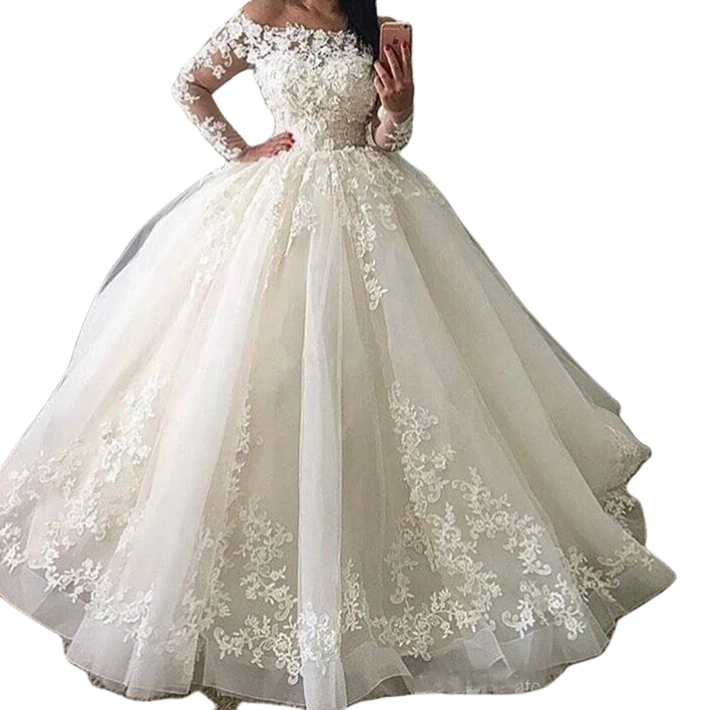 Long Sleeves Ivory Ball Gown Wedding Dresses Lace Appliques Bateau Neck Long Tulle Wedding Gown For Bride 2025 Vestido De Novia