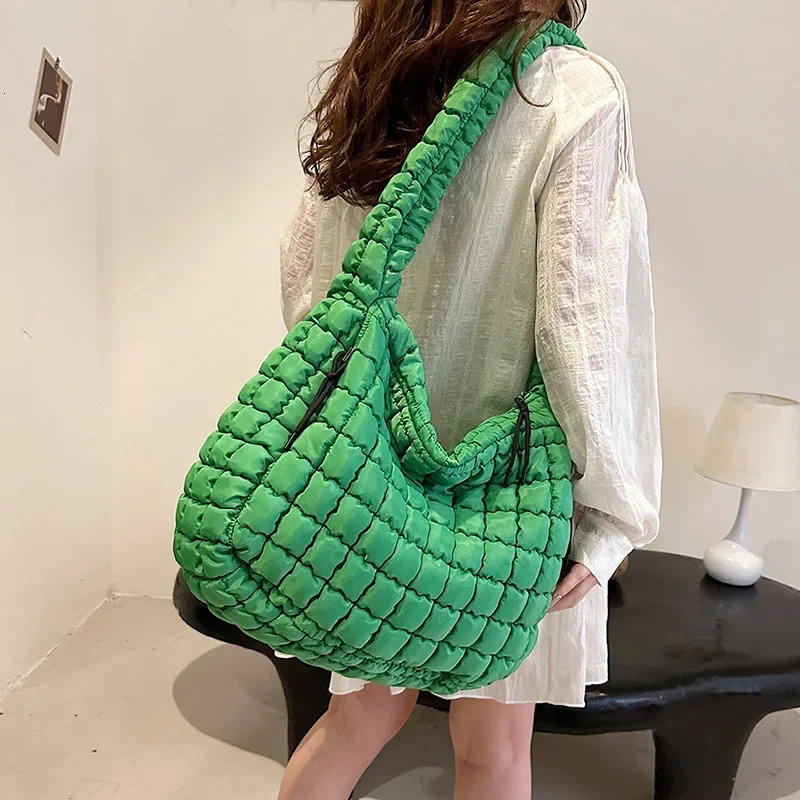 Casual Ruched Hobos Women Shoulder Bags Quilted Padded Crossbody Large Capacity Nylon Puffer Tote Bag Big Shopper Purses 241115