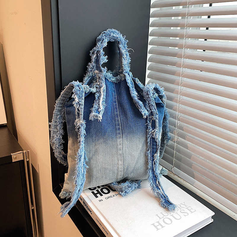 Washed gradient color hand-held denim bag 2024 new style wandering fashion crossbody bag lazy style personalized shoulder bag
