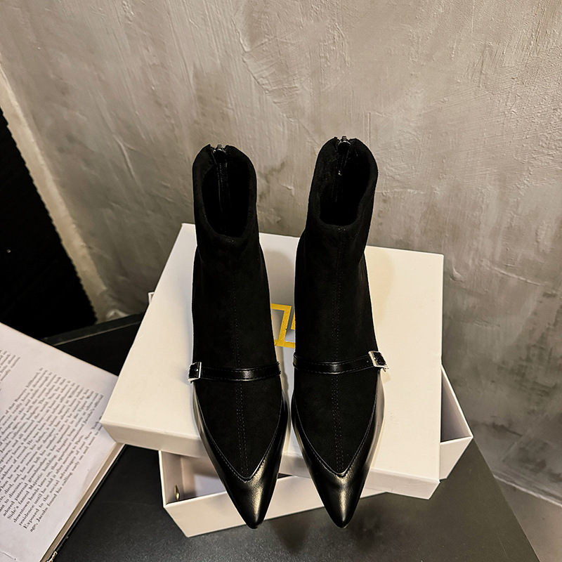 Metal buckle pointed single boot French style mid heel fashion boot.