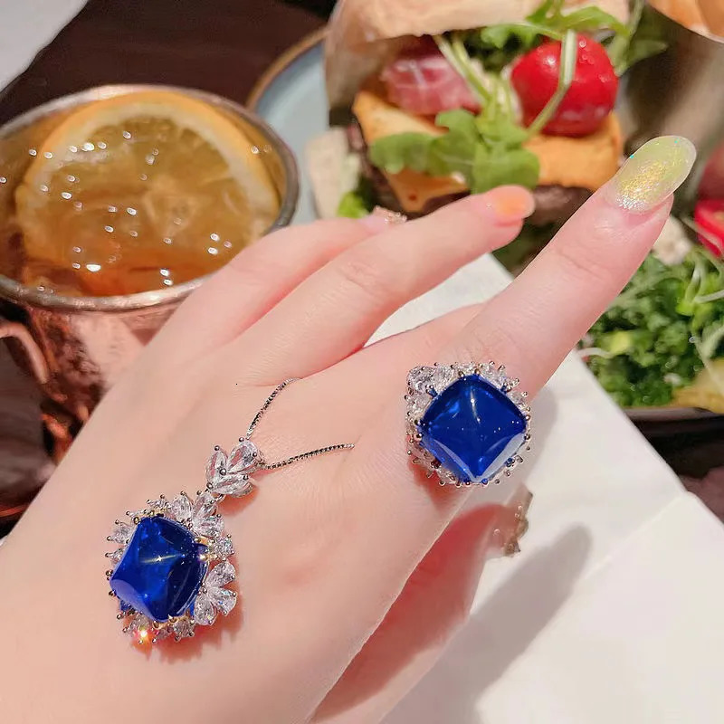 Charm Lab Sapphire Diamond Promise Jewelry Set 925 sterling silver wedding earrings rings necklaces womens bridal jewelry gifts 241115