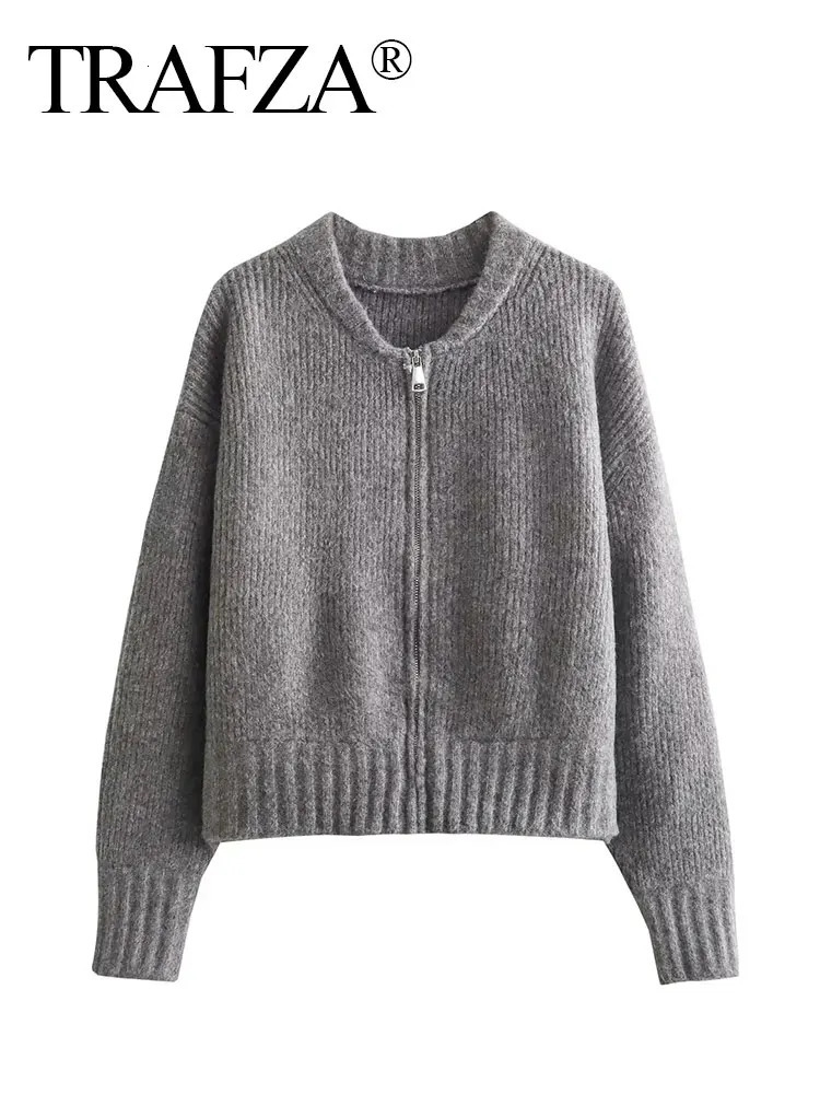 TRAFZA Women Vintage Solid Color Coat Long Sleeve Round Neck Sweater Jacket 2024 Spring Female Casual Zipper Coats 241115