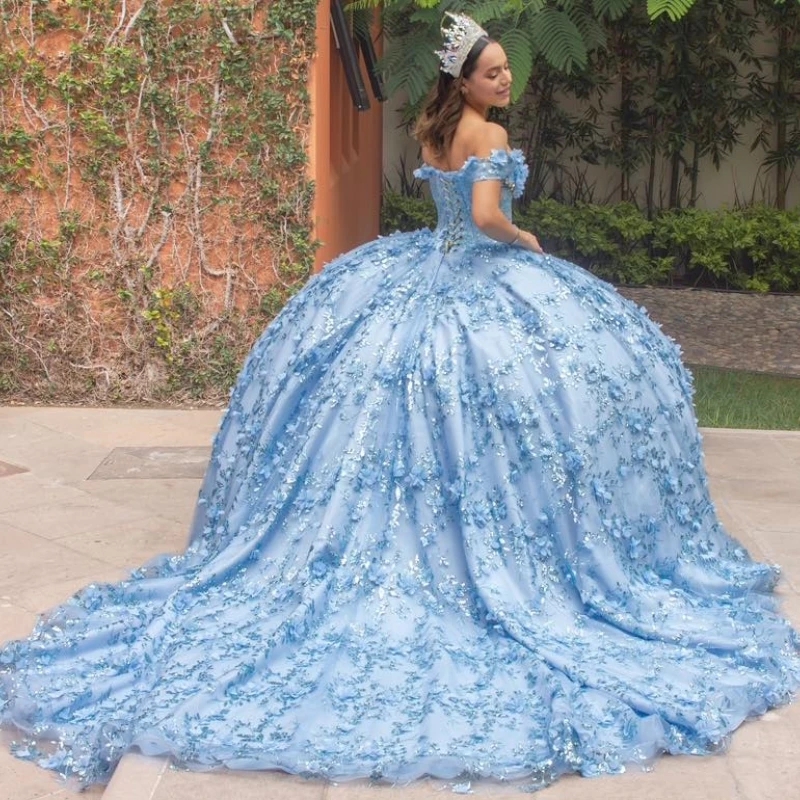 Sky Blue Shiny Quinceanera Dresses Off The Shoulder Sequin Appliques Lace Beads Tull Ball Gown Birthday Formal Party Sweet 16 Dress