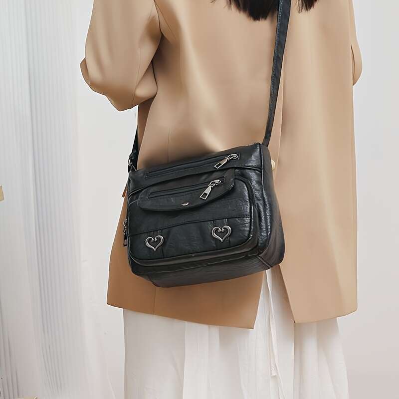 Fashionable Vegan Leather Shoulder Bag Stylish Versatile Crossbody Purse with Heartfelt Love Decor - Ethical, Durable, & Perfect for Everyday Chic