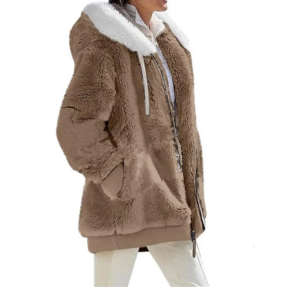 2023 Womens Winter Coat Solid Color Warm Plush Large Size Ladies Fall Loose Zipper Hooded 241115