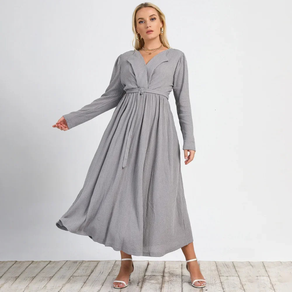Plus Size Winter Dress Tie-Waist Lapel Collar Waffle Knit Dress Solid Belted A-line Dress Elegant Dresses for Women Office Lady 240407