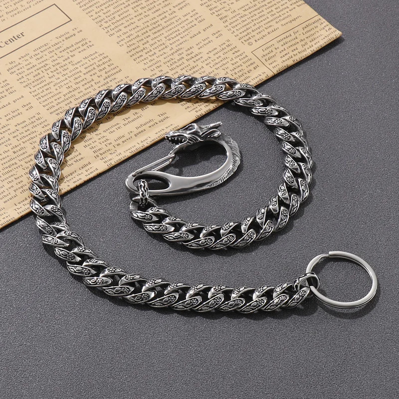 Fongten 60cm Keychain Wallet with Chain Rock Punk Cuban Pants Chain Dragon Buckle Stainless Steel Hip Hop Jewelry Mens Keychain 241115
