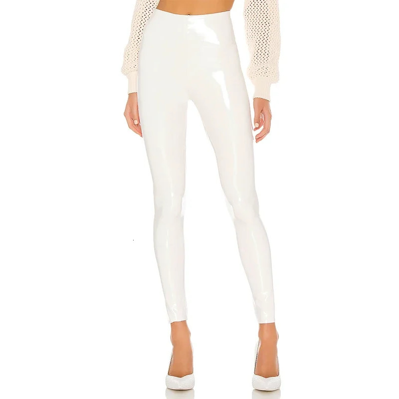 Womens shiny PU leather white PVC pants ultrathin 4XL sexy long legs latex elastic high waist tight summer 241115