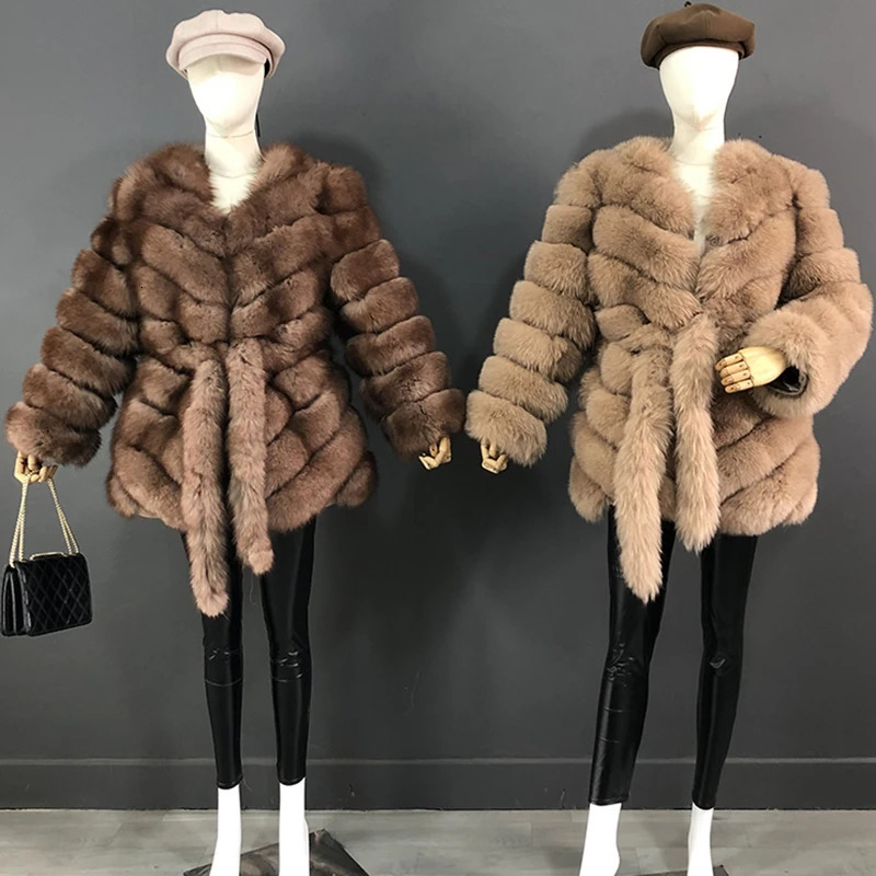 The Latest Fur Coat For Women Real Midlength Natural Jacket Hemline n Waist Belt And Drawstring 241115