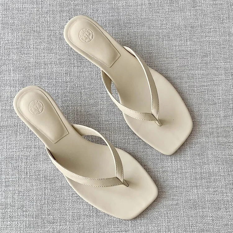 Mrxmus Dutit 2024 Summer Fashion Genuine Leather Square Head Flip Flops Women Simple Casual Mid Heel Shoes Female Chic 241115