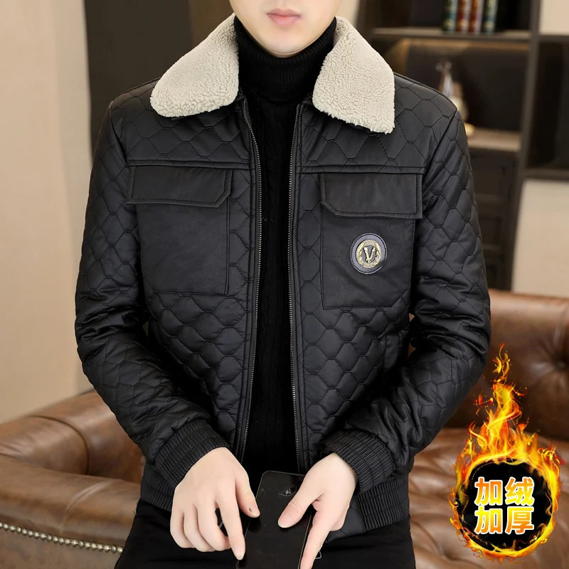 Winter Jacket Men Casual Loose Thicken Fleece Warm Mens Parkas lapel Collar Coat 241115