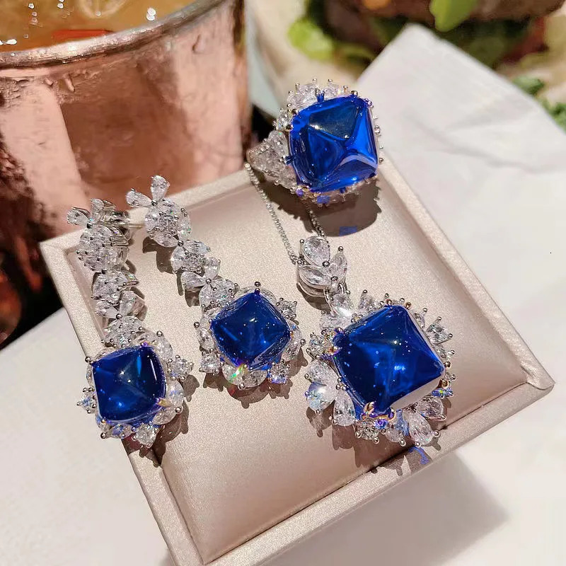 Charm Lab Sapphire Diamond Promise Jewelry Set 925 sterling silver wedding earrings rings necklaces womens bridal jewelry gifts 241115