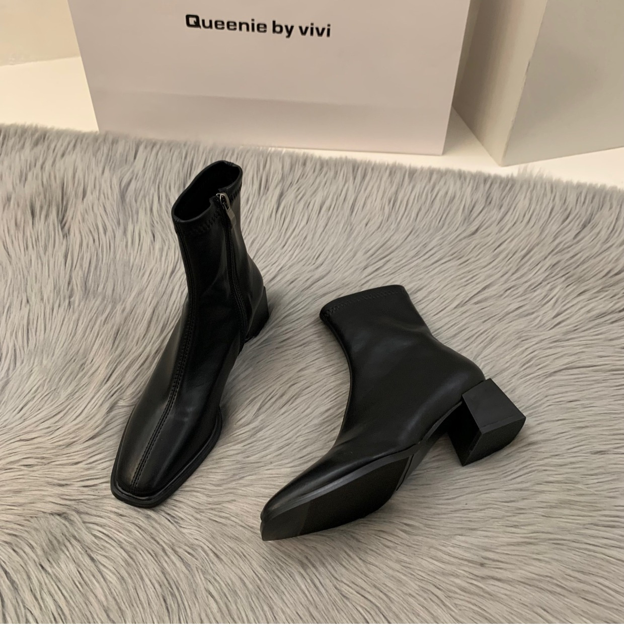 French Velvet New White Square Toe Short Boots.