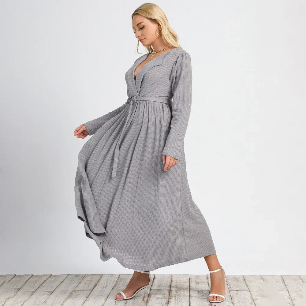 Plus Size Winter Dress Tie-Waist Lapel Collar Waffle Knit Dress Solid Belted A-line Dress Elegant Dresses for Women Office Lady 240407