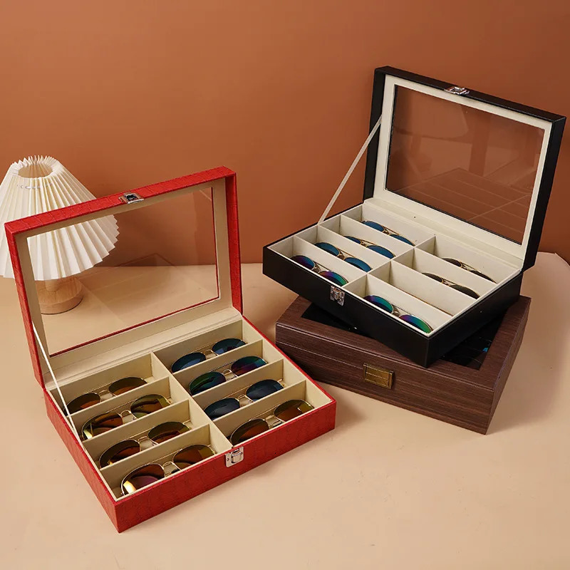 Leather Fashion Sunglasses Storage Box Multi Grid Large Capacity Sunglasses Storage Box Jewelry Display Collection Box 241114
