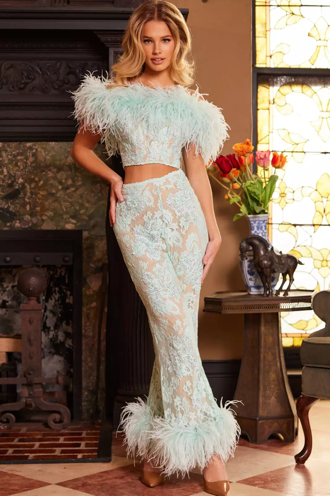Two Pieces Lace Prom Dresses Feathers Pants Suits Off Shoulder Modern Special Occasion Wear Birtdahy Party Gown 2025