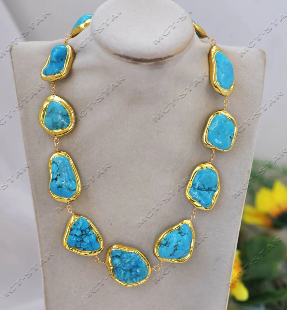 Z13015 set large 34mm Baroque blue gold-plated rough stone turquoise necklace bracelet earrings 241115