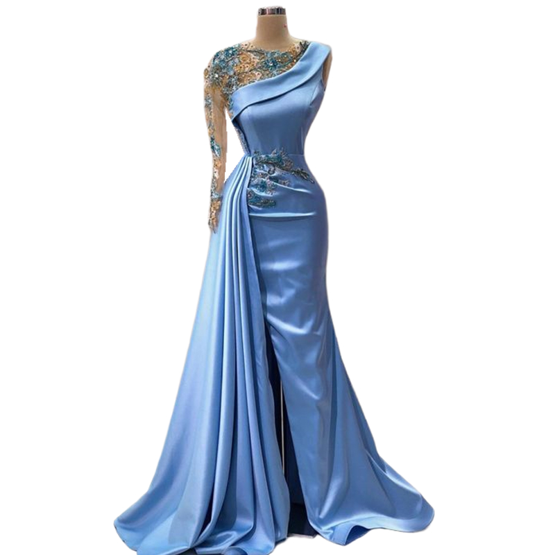 Arabic Dubai One Shoulder Mermaid Evening Dresses Side Slit Long Sleeve Sexy Sky Blue Prom Dress Lace Appliques Beaded 2024 Elegant Special Occasion G