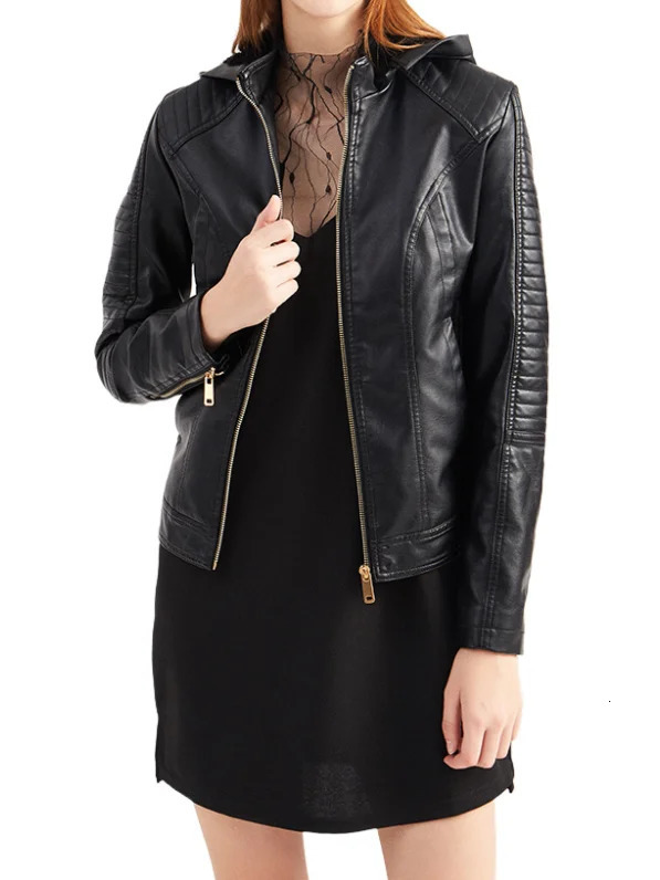 2023 Winter Women Fleece Warmer Hooded Jacket Autumn Casual Faux Leather Zipup Coat with Pockets Punk Hat Detachable Outwear 241115