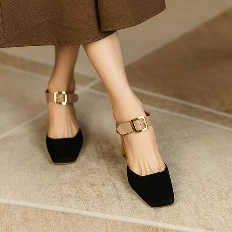 Sheep Suede Leather Summer/Spring Sandals Square Toe High Heels Cover Heel Shoes For Women Retro Mary Janes
