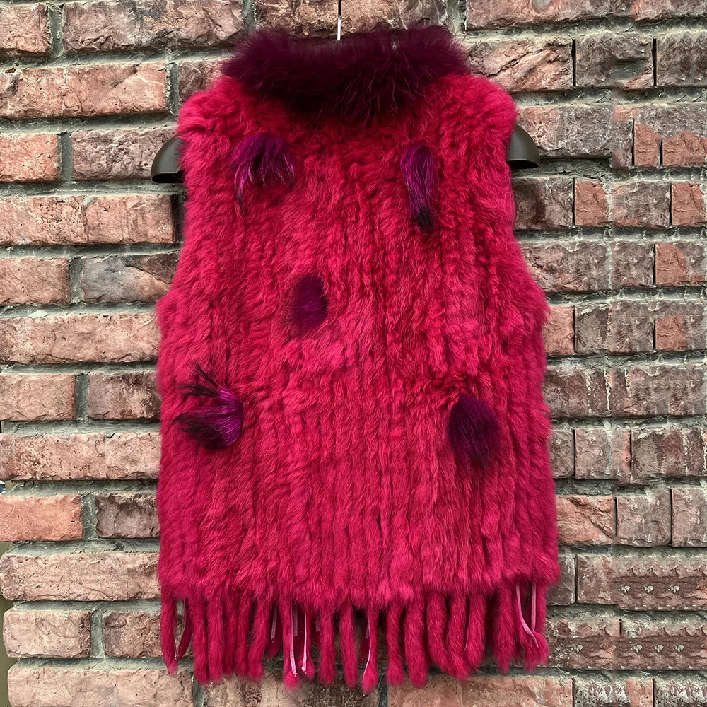 Women Real Fur Vest Tassel Knitted 100Genuine Rabbit Waistcoat Lady Casual Raccoon Collar Sleeveless Coat Factory Sales 241115