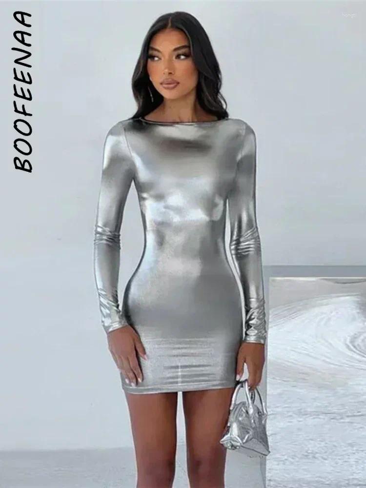 Casual Dresses BOOFEENAA Gray Metallic Long Sleeve Bodycon Dress Fashion Fall Winter Short For Women Party Night Club Outfits C70-BF19