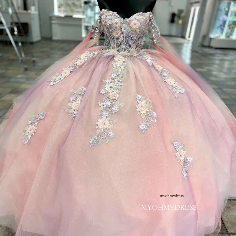 Pink Shiny Sweetheart Tulle Quinceanera Dresses Off The Shoulder Beads Applique Lace Ball Gown Sweet Sixteen Dress Gowns Vestidos 1115