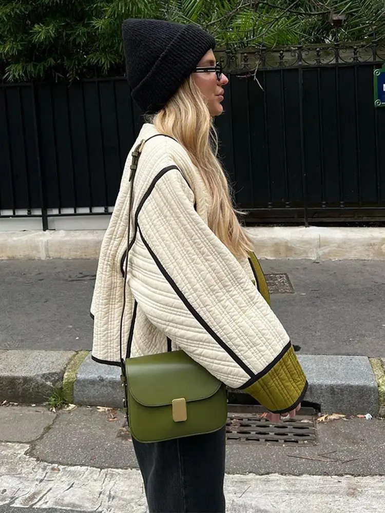 2024 Women Chic Contrast Patchwork Cotton Jacket Elegant Stand Collar Single Breasted Pockets Coat Fall Winter Lady Outwear 241115