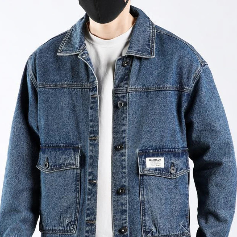 Mens Denim Jacket Cargo Short Vintage Male Jean Coats Outwear Blue Casual Slim Wide Shoulders Japanese High Quality Cowboy Y2k 240408