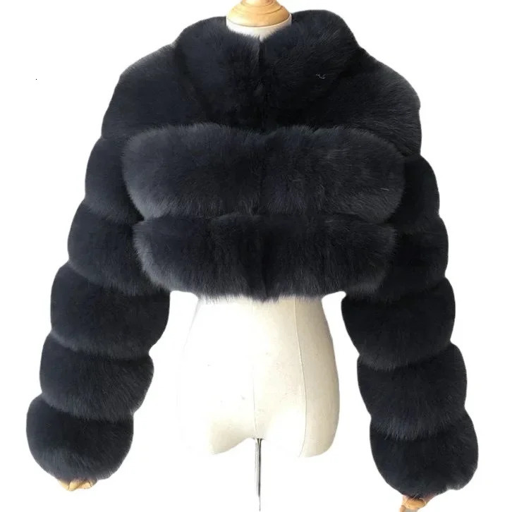 2023 European Style Cropped Stand Collar Faux Fur Jacket Long Sleeve Spliced Womens Real Coat For Winter Season 241115