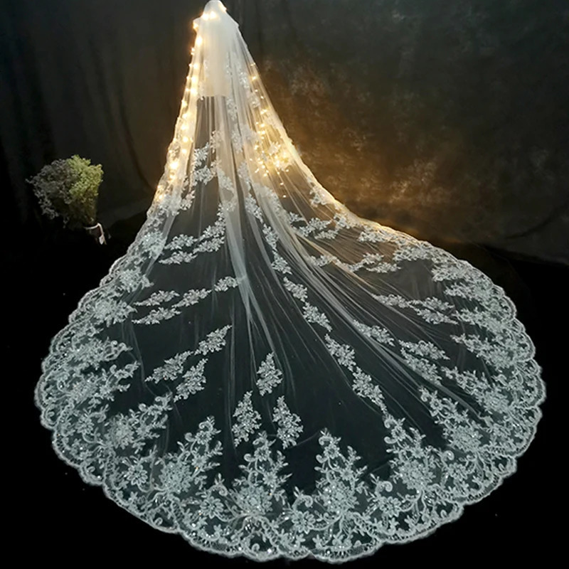 5 meters 4 meters and 3 meters long wedding veil lace decal edge 1 T sheer cathedral veil with comb ivory Velo de Novia Voile Mariee 241115