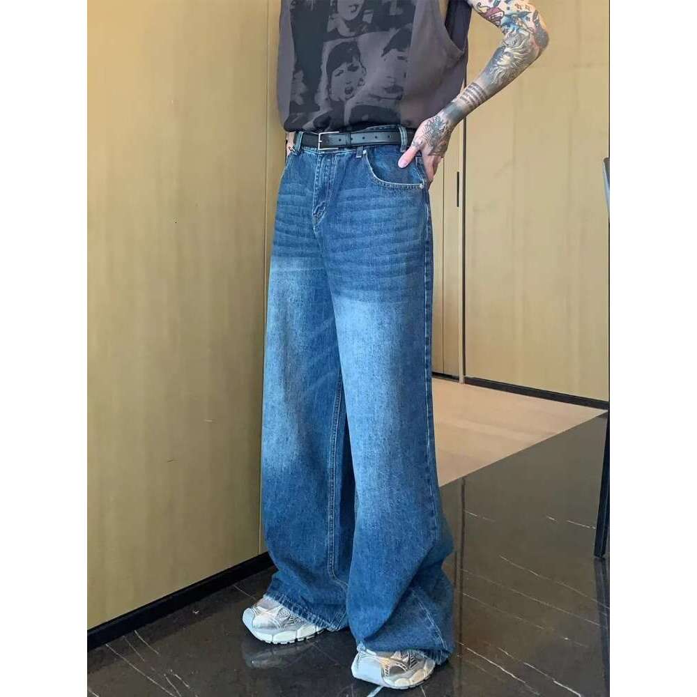 MenBaggy Straight Jeans Distressed Blue Fashion Youth Streetwear Denim Pants Personality Hip Hop Male Trousers Trendy Brand