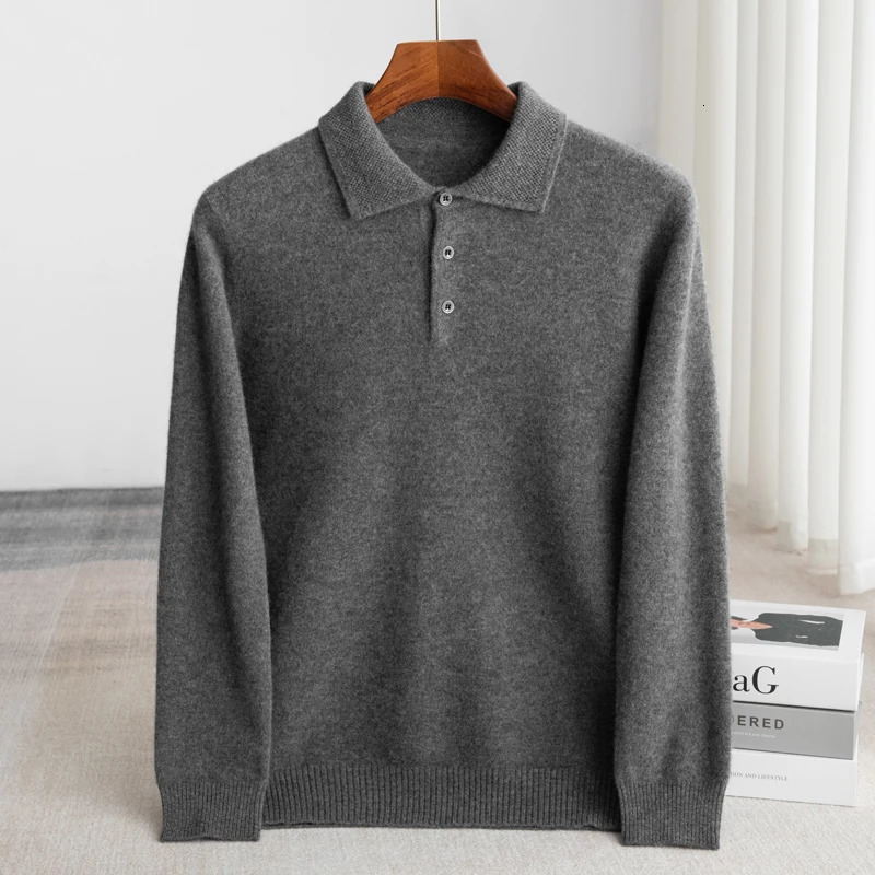 100% Australian wool mens lapel long sleeved polo neck sweater loose top casual knit bottom sweater 241112 - view 6