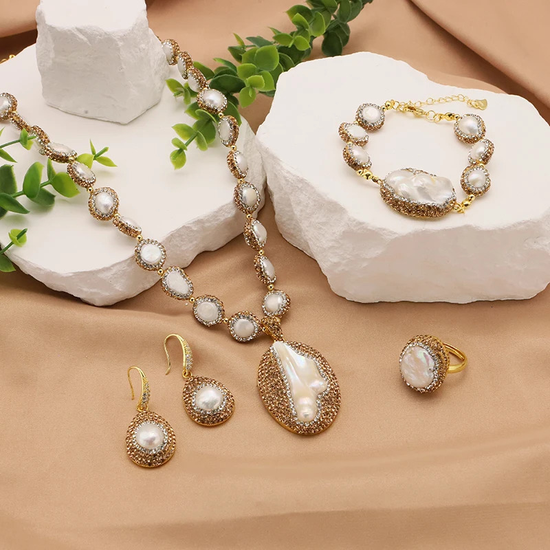 GLSEEVO Natural Baroque Pearl Womens Jewelry Necklace Bracelet Earring Set with Water Diamond Inlaid Dress Accessories 241115