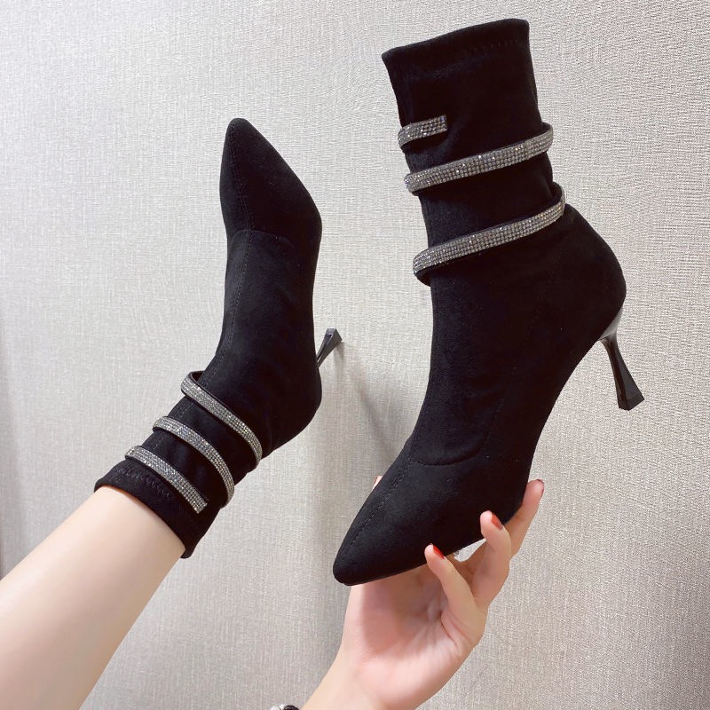 Suede Rhie Snake Shaped Winding Belt Short Autumn Winter New New Black Pointed High Heels Ankle Boots Size 34-39