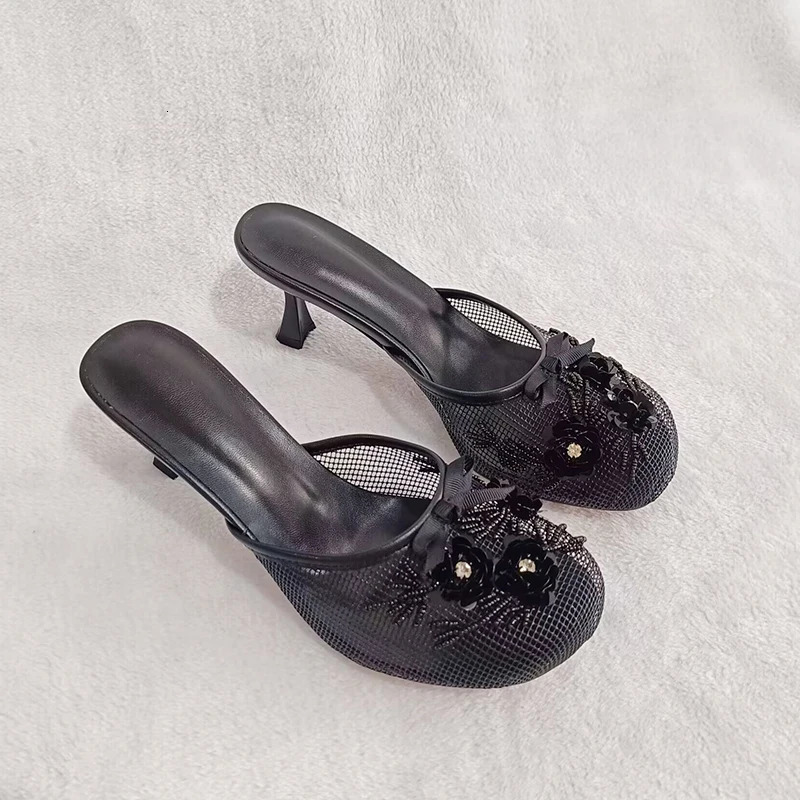 Summer mesh flower beads women slides sexy thin heel sandals 241115