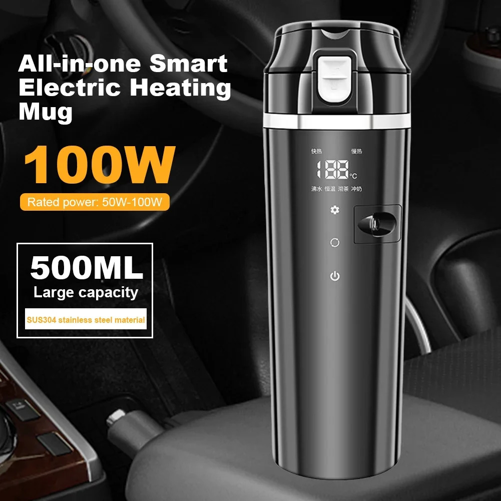12V24V Car Heating Cup Digital LCD Display Electric Kettle Stainless Steel Heated Smart Mug 500ML Coffee Milk 241115