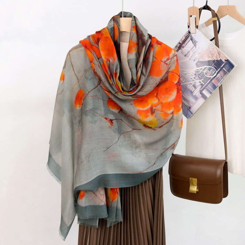 Persimmon Ruyi Fine Water soluble Wool Long Ring Velvet Thin Versatile Women's Shawl Warm Printed Scarf