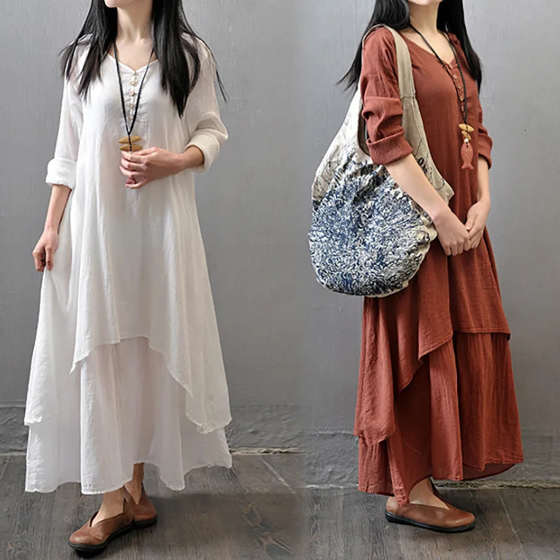 Elegant Dresses For Women Fashion Casual Cotton And Linen Maxi Dress Plus Size Loose Long Sleeve Robe Club Outfits Vestido 240415